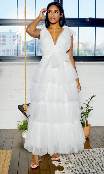 Tulle V Neck Tulle Pearl Dress - Cutely Covered
