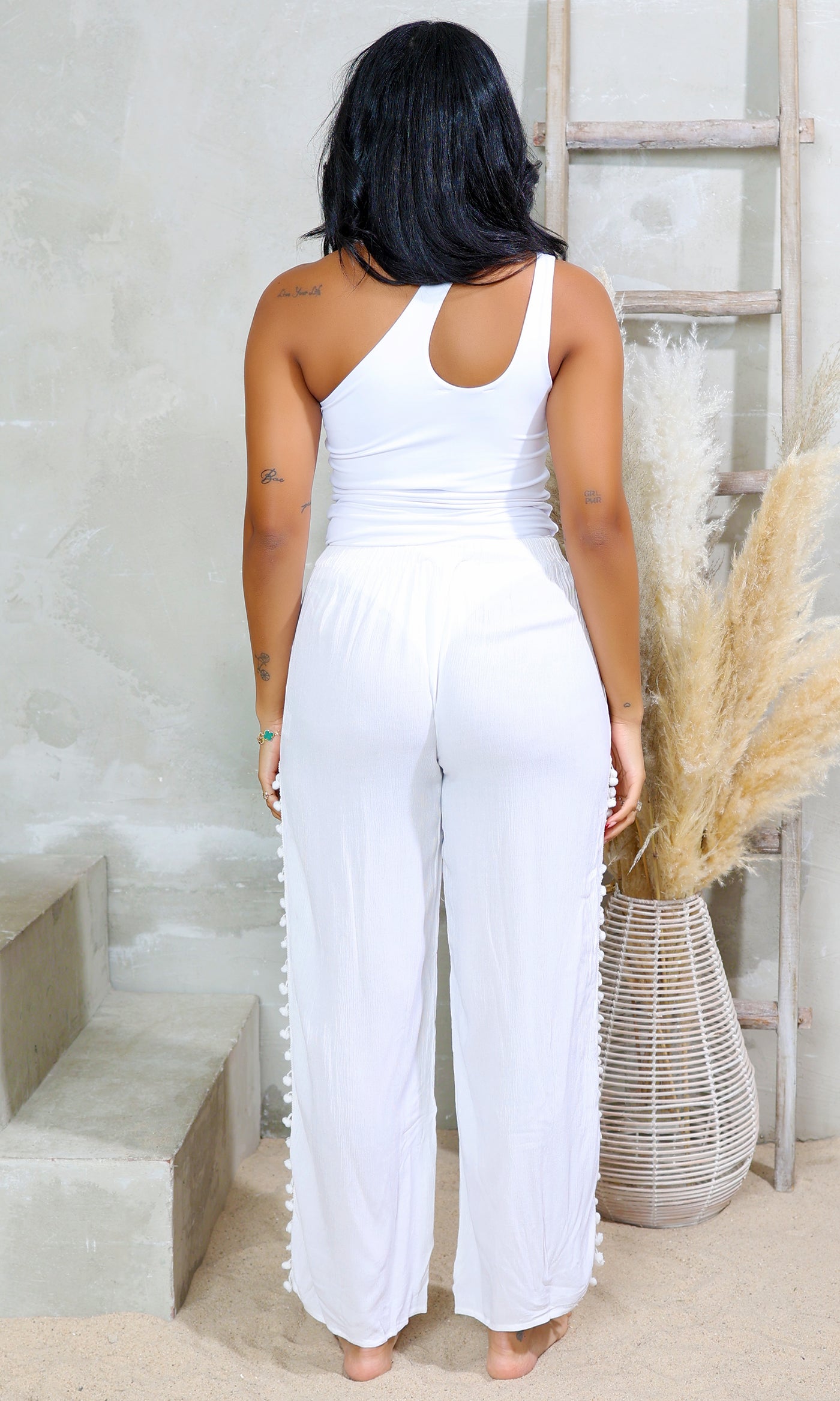 Cotton Breeze | Long Slit Draw String  Pants - White - Cutely Covered