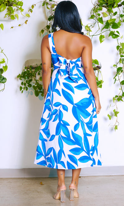 Blue Bliss | One Sleeve Blue Leaf Dress - Cutely Covered
