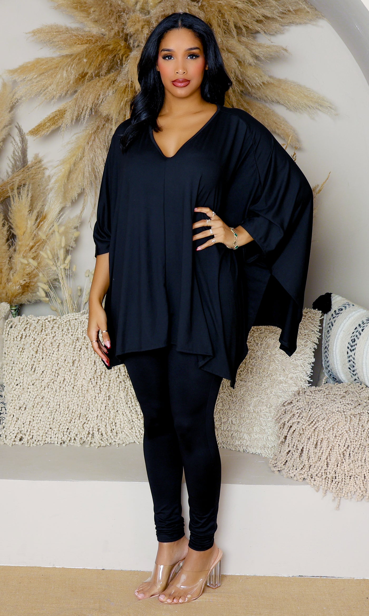 Fashionably Chill | Batwing Sleeve Stretch Pants Set - Black - Cutely Covered