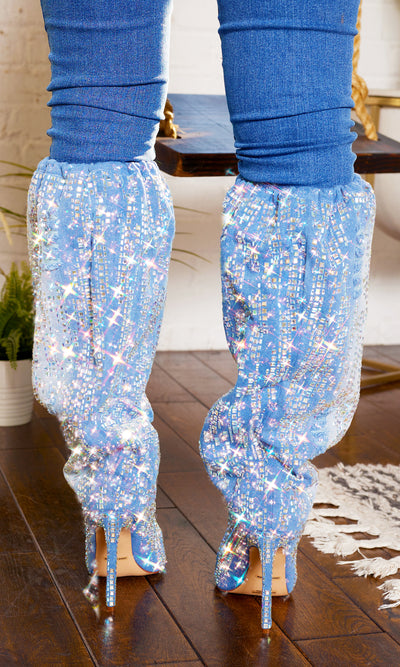 Denim Abstract Bling Point Toe  Boots - Cutely Covered