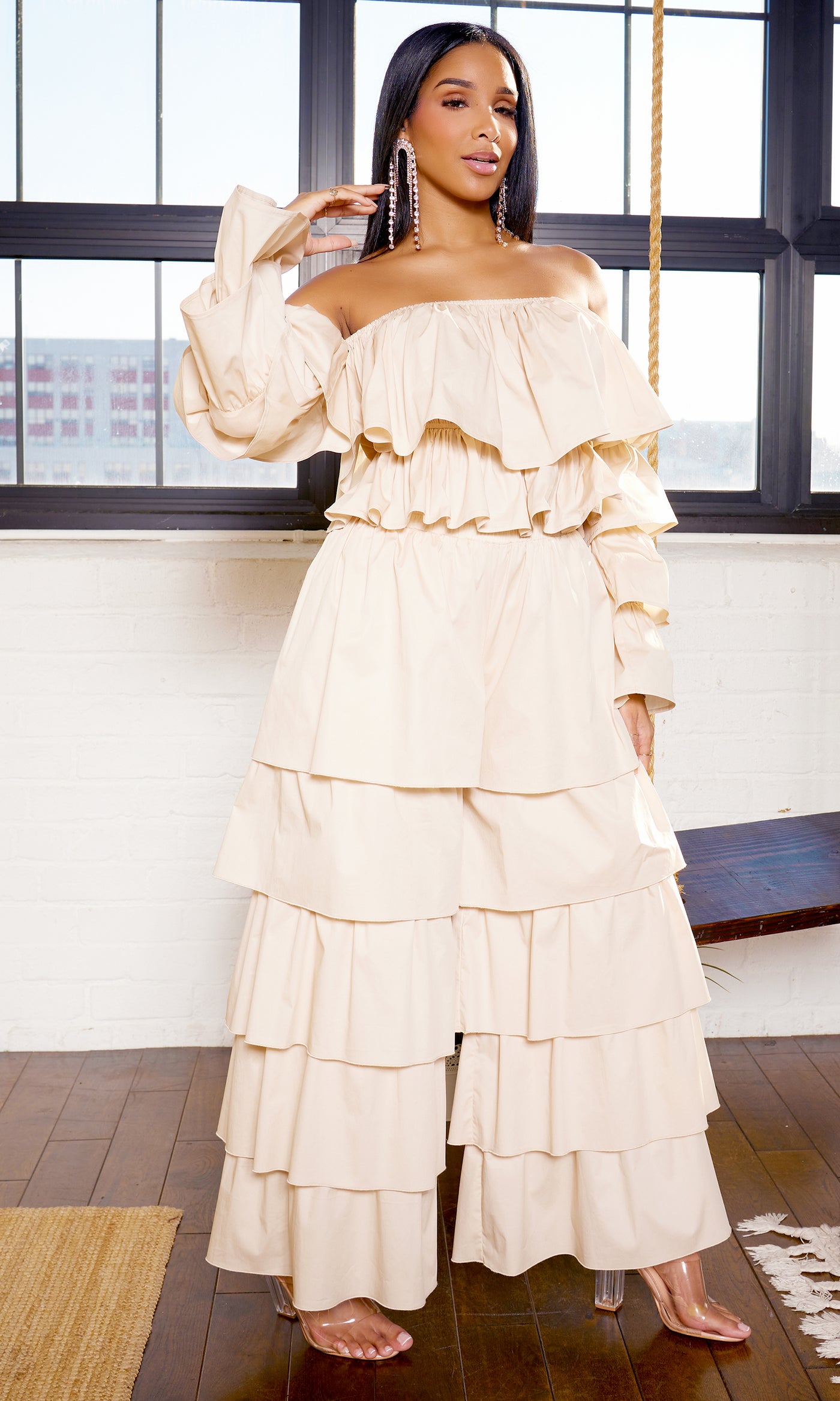 Tiered Ruffle Poplin Pants Set - Light Tan PREORDER Ships End April - Cutely Covered