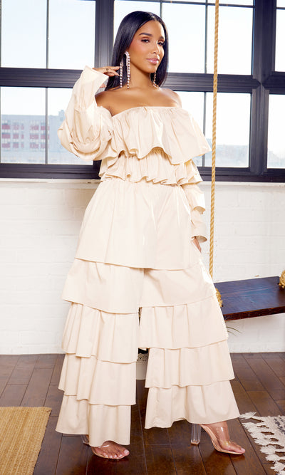 Tiered Ruffle Poplin Pants Set - Light Tan PREORDER Ships End April - Cutely Covered