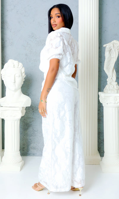 Serene Elegance Textured Woven Pants Set - White - Cutely Covered