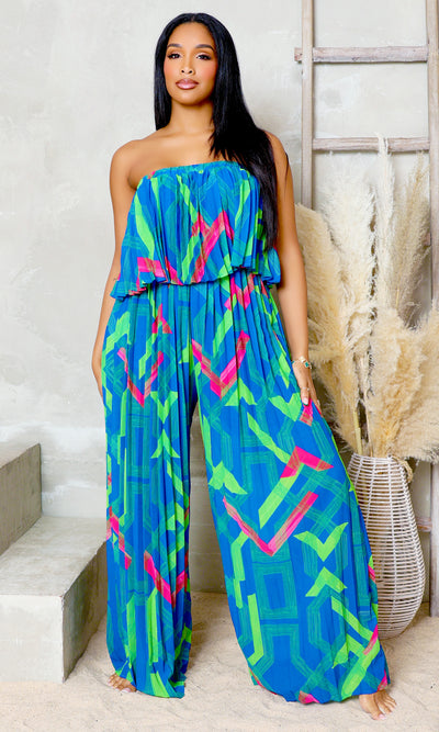 Meadow Whispers Pleated Jumpsuit - Blue - Cutely Covered