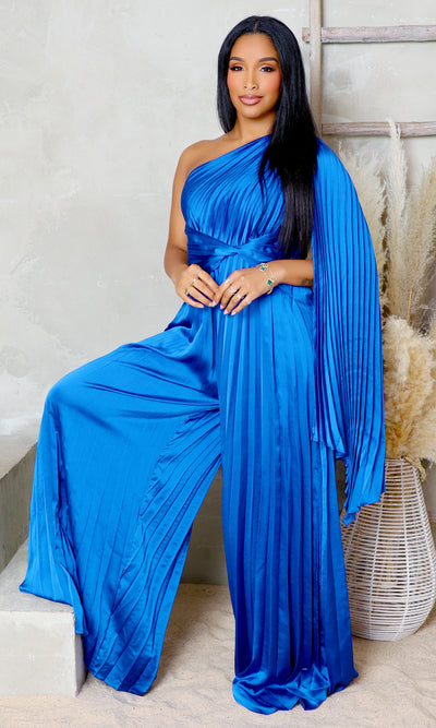 Graceful Asymmetry Pleated Jumpsuit- Royal Blue - Cutely Covered