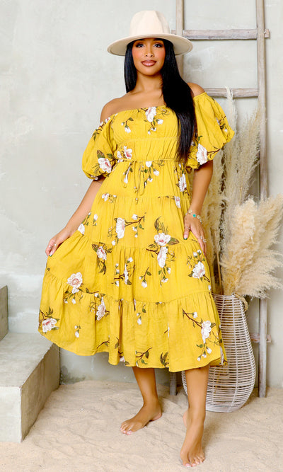Petal Perfection | Floral Dress - Mustard - Cutely Covered