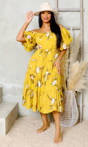 Petal Perfection | Floral Dress - Mustard - Cutely Covered