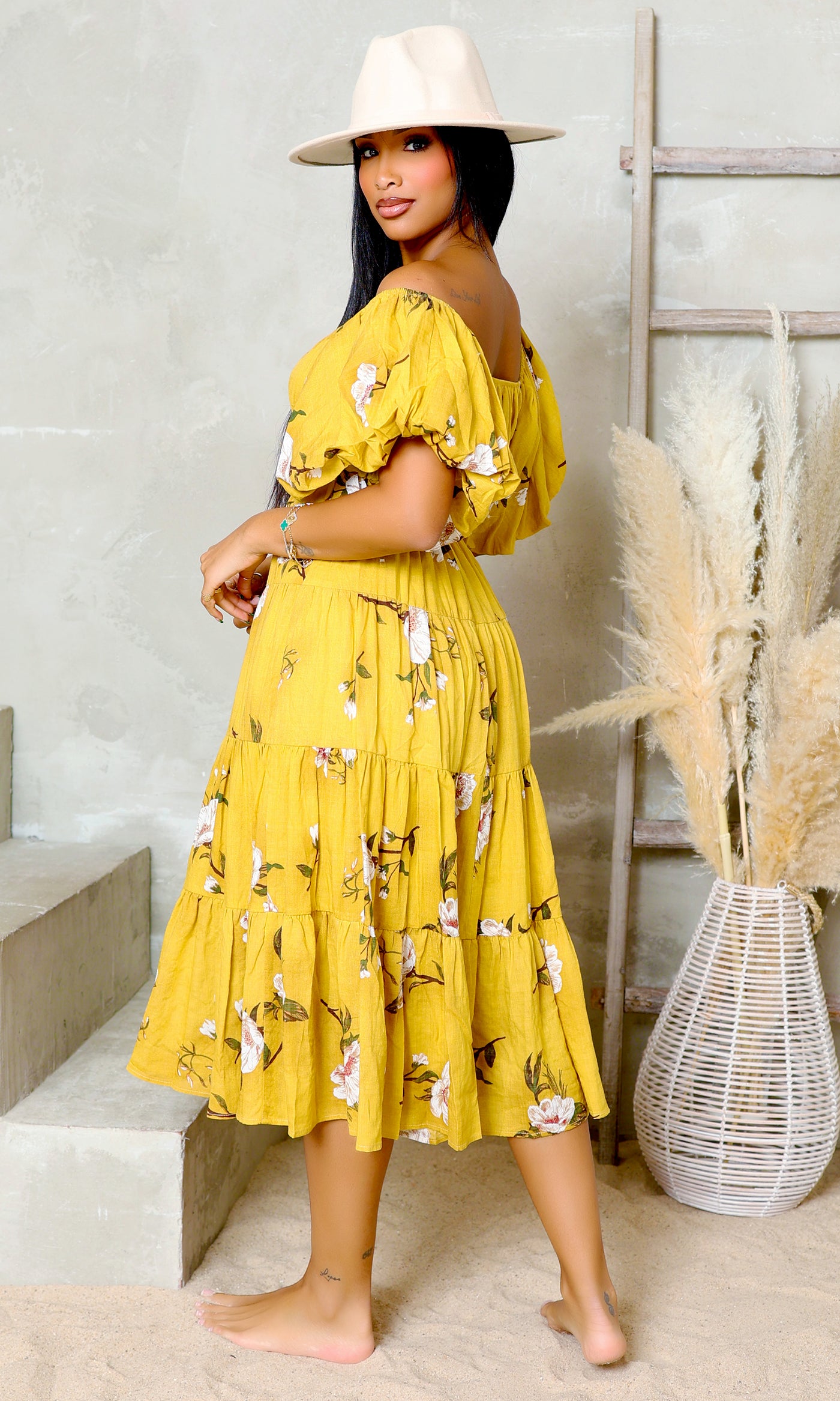 Petal Perfection | Floral Dress - Mustard - Cutely Covered