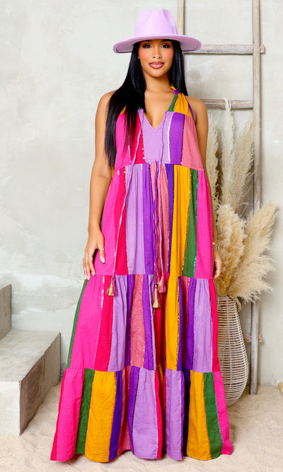 Rainbow Delight V-Neck Tie Dress - Multicolor - Cutely Covered