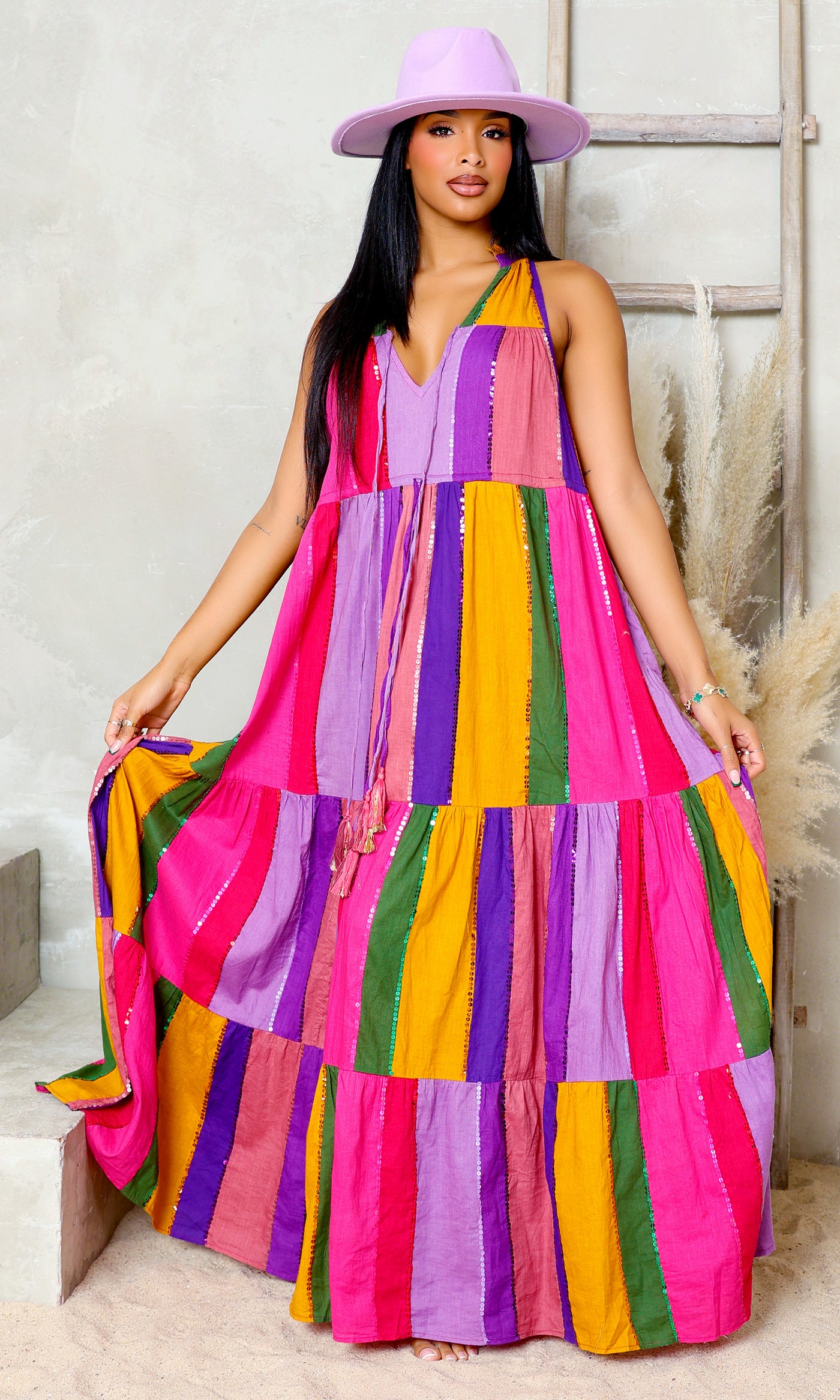 Rainbow Delight V-Neck Tie Dress - Multicolor - Cutely Covered