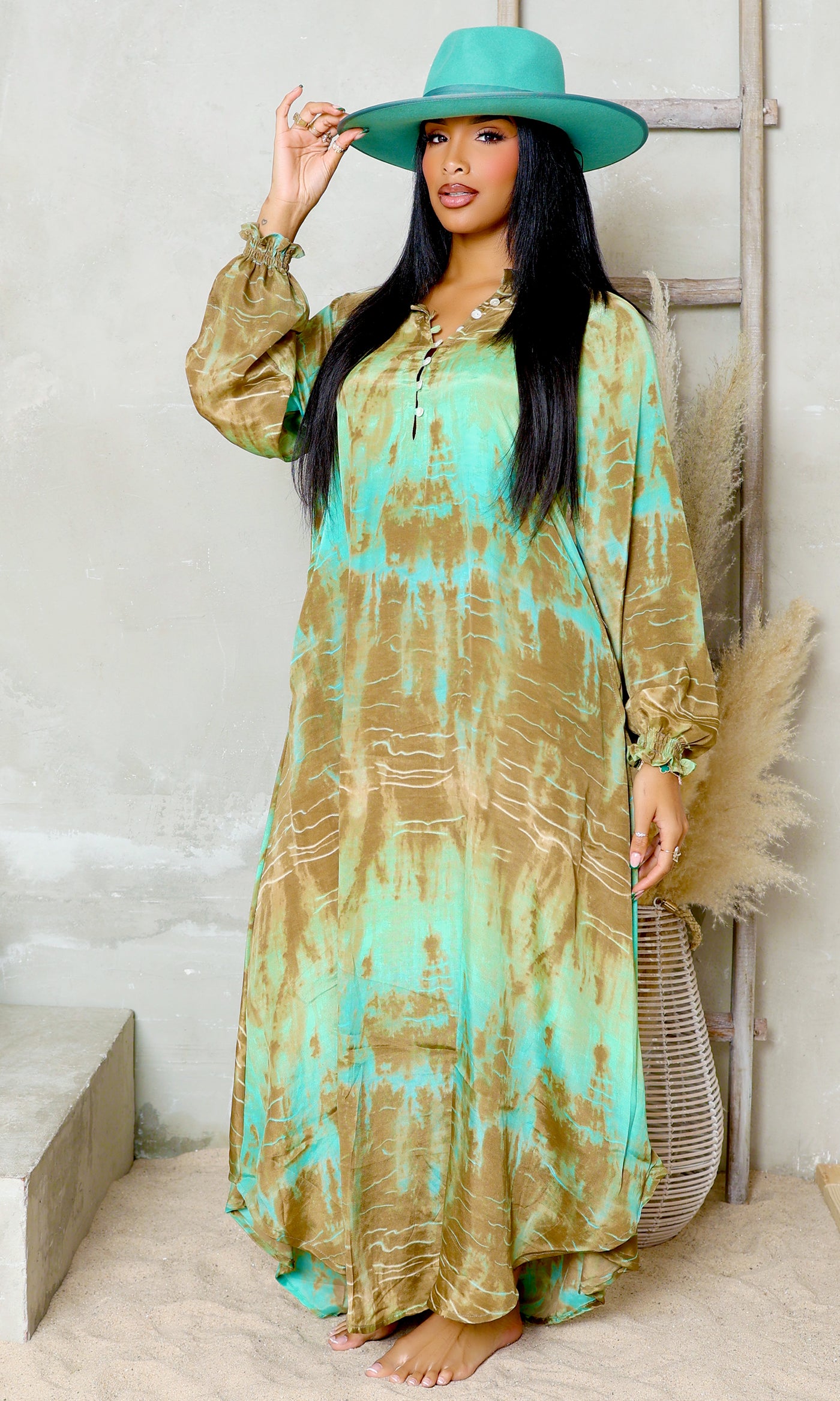 Emerald Sunset | Tie-Dye Maxi Dress - Maroon/Green - Cutely Covered