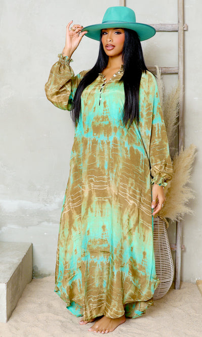 Emerald Sunset | Tie-Dye Maxi Dress - Maroon/Green - Cutely Covered