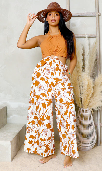 Blooming Garden Cutout Jumpsuit - Brown - Cutely Covered