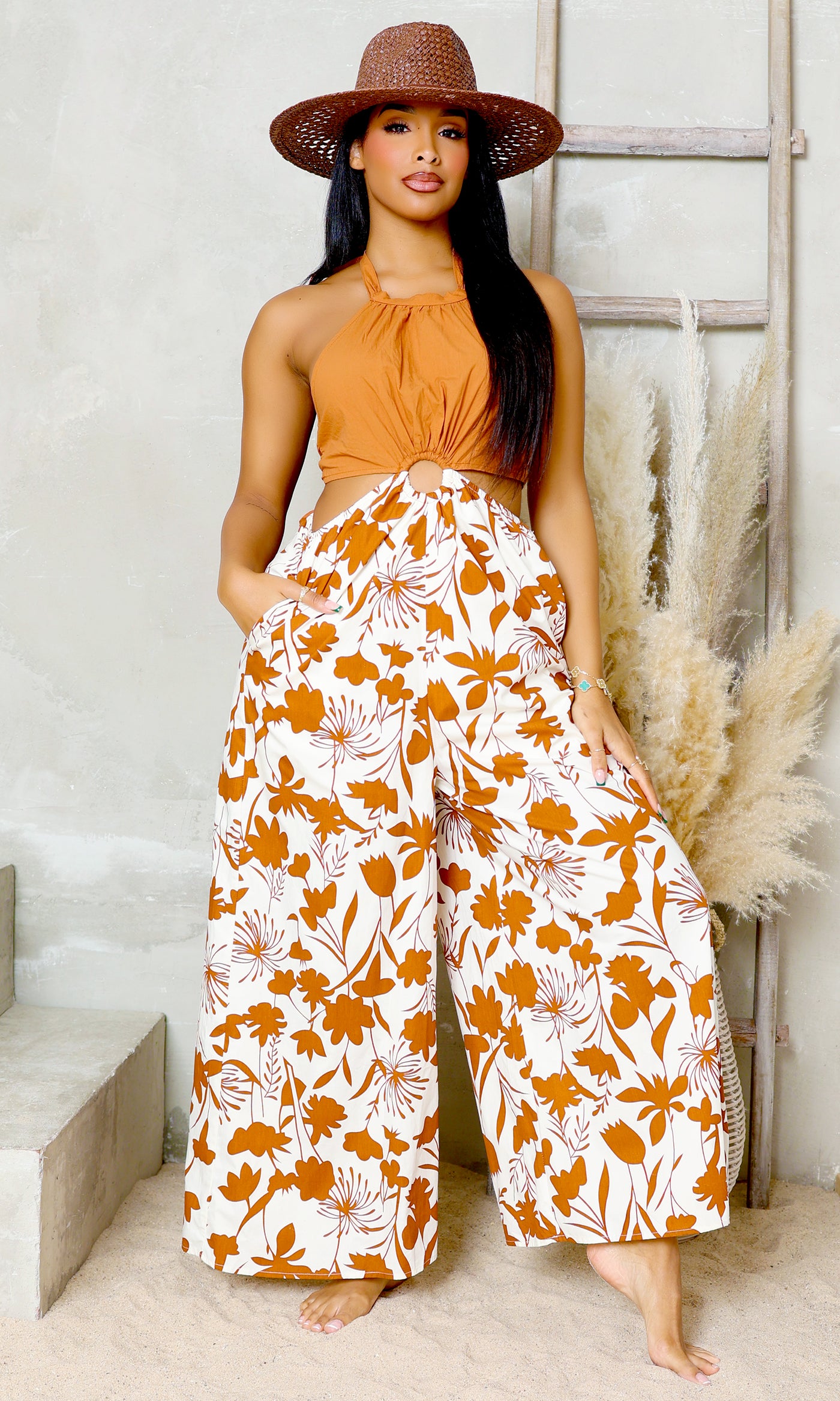 Blooming Garden Cutout Jumpsuit - Brown - Cutely Covered
