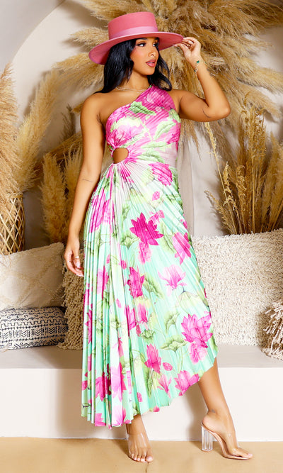 Gorgeous  | One-Shoulder Cutout Asymmetrical Dress - Pink Lime - Cutely Covered