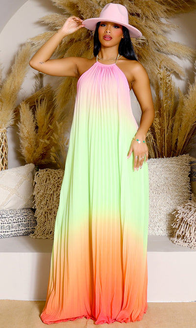 Ombre Pleated Halter Dress | Maxi Dress - Cutely Covered