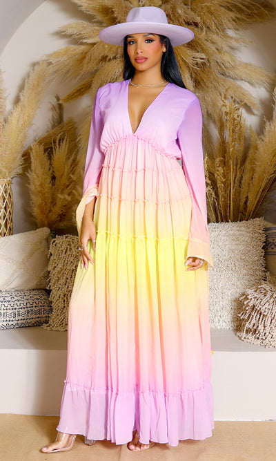 Alicia | Ruffle Ombre Maxi Dress  - Lavender Rainbow - Cutely Covered