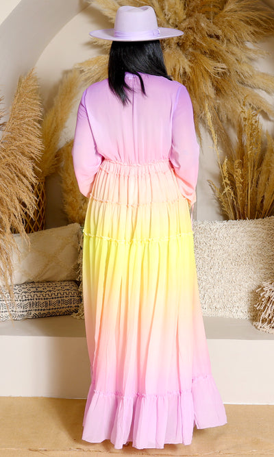 Alicia | Ruffle Ombre Maxi Dress  - Lavender Rainbow - Cutely Covered