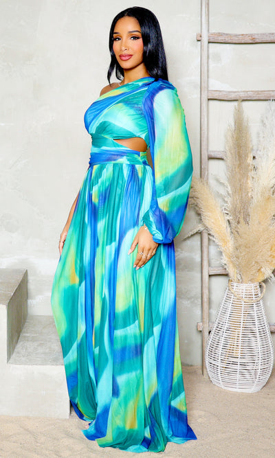 Malibu Breeze | Mesh Maxi One Sleeve Dress - Blue Multi - Cutely Covered