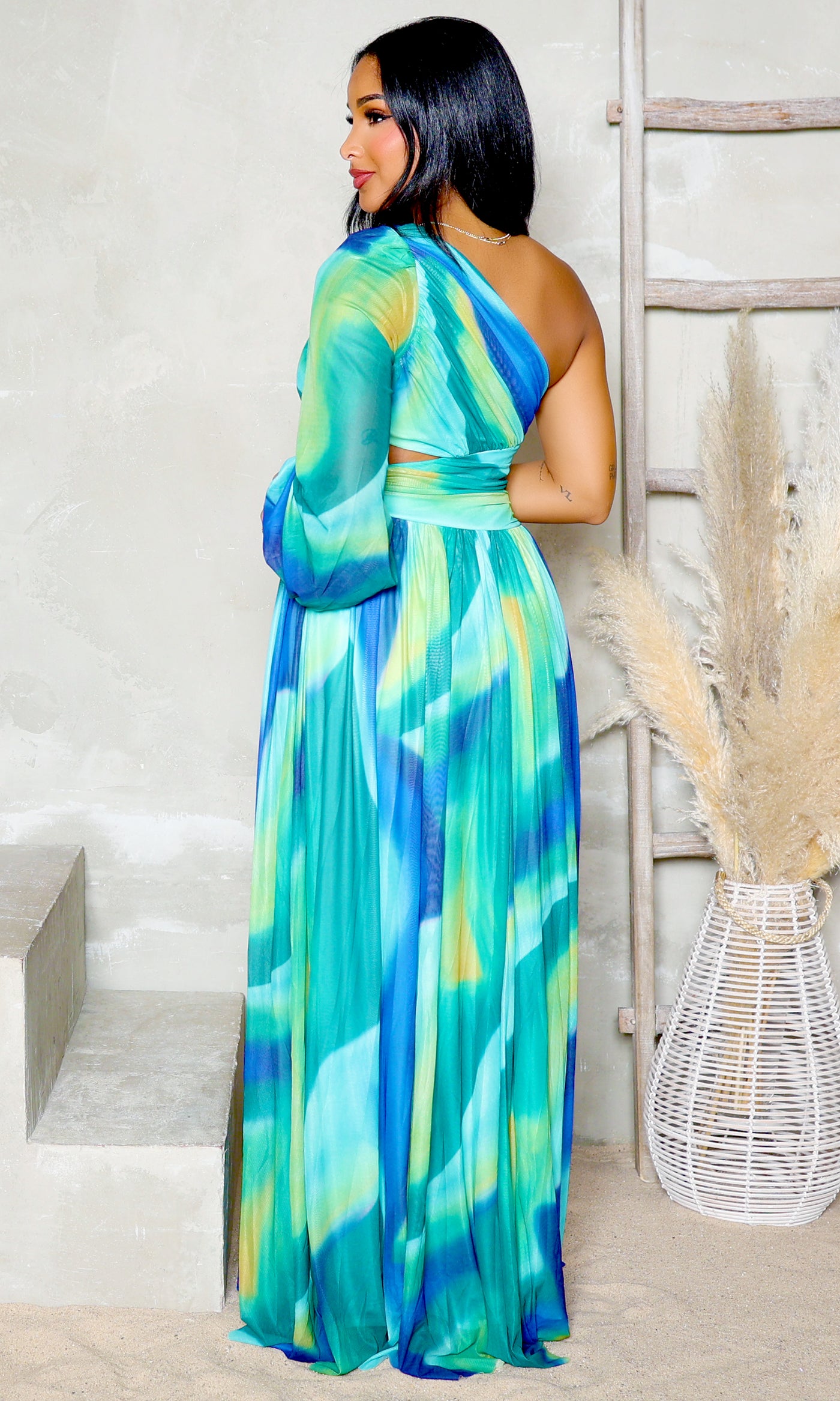 Malibu Breeze | Mesh Maxi One Sleeve Dress - Blue Multi - Cutely Covered