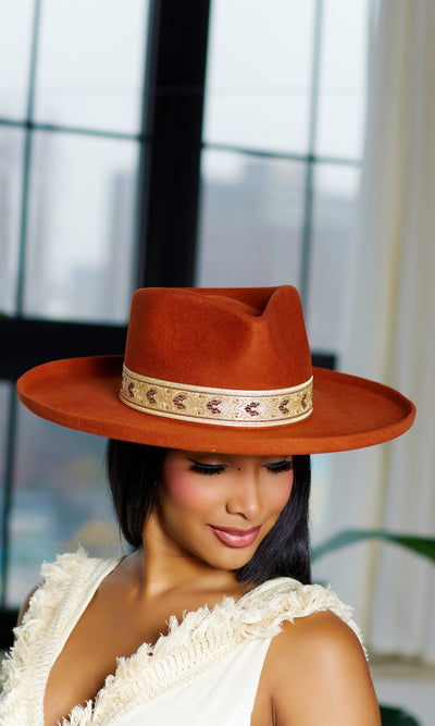 Abstract Band Fedora Hat Flip Brim - Rust - Cutely Covered