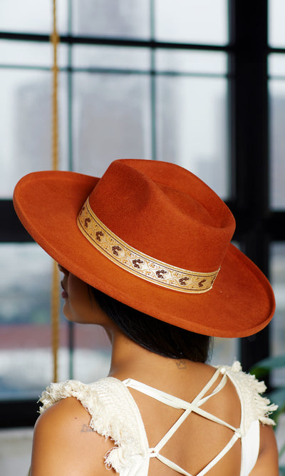 Abstract Band Fedora Hat Flip Brim - Rust - Cutely Covered