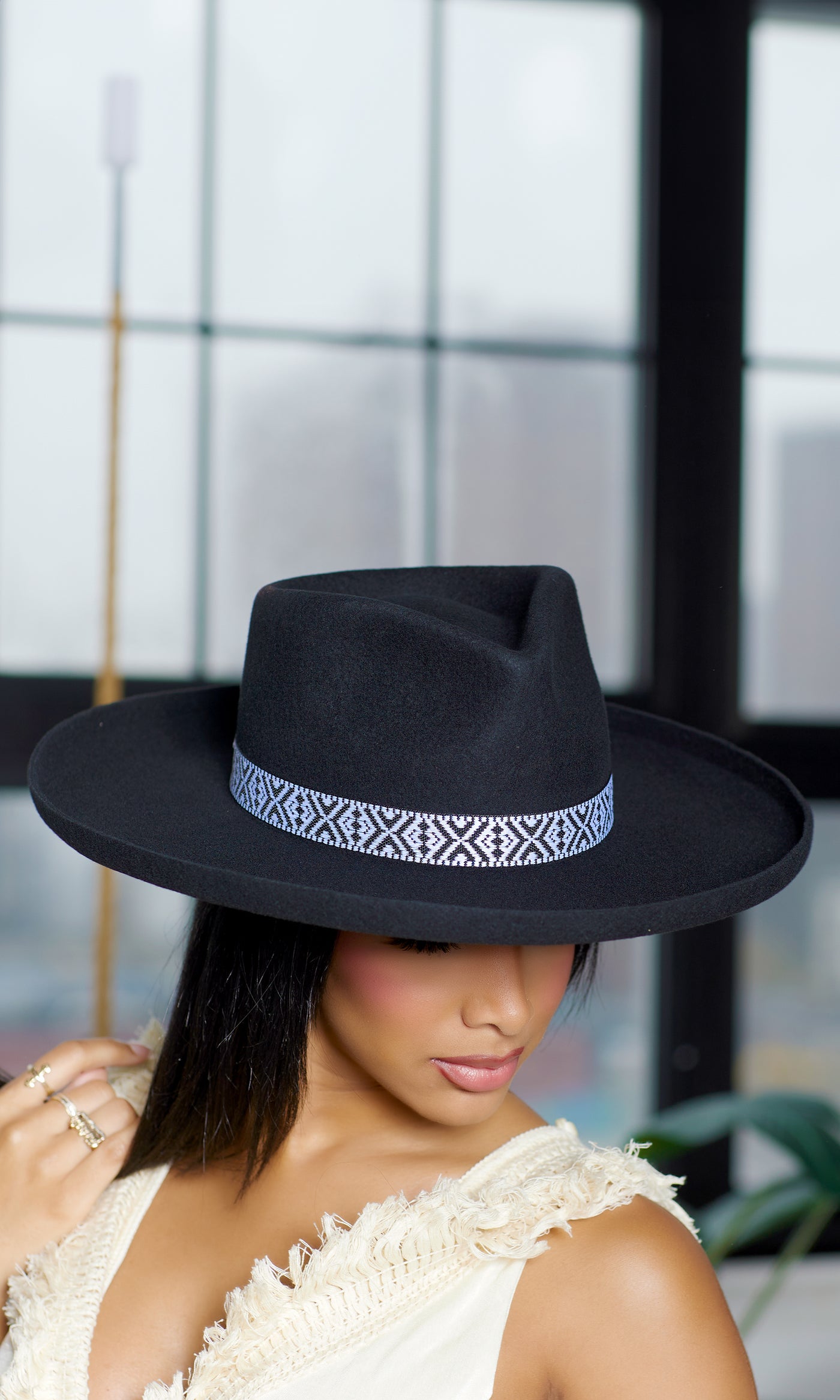 Abstract Band Fedora Hat Flip Brim - Black - Cutely Covered