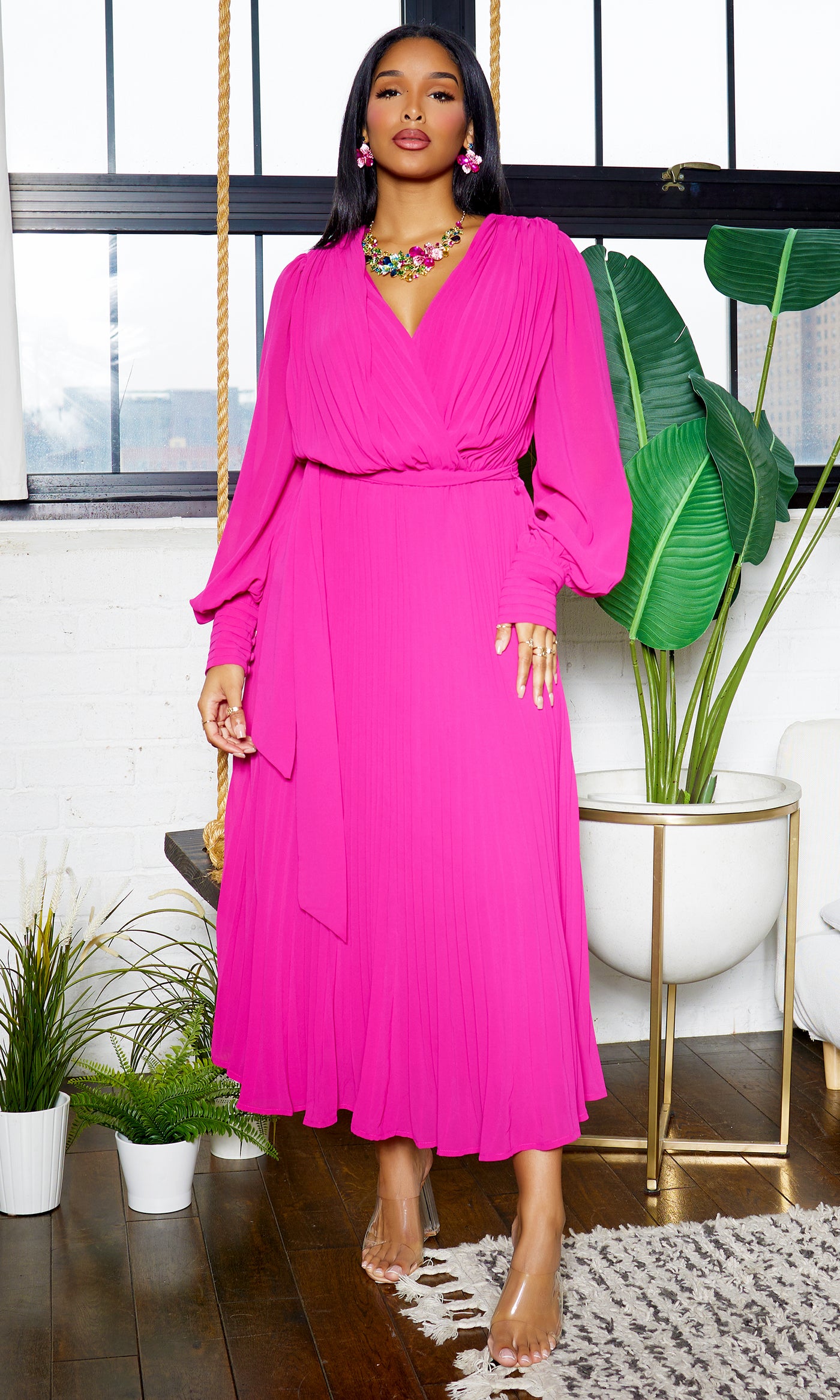 First Lady | Long Sleeve Pleated Dress - Pink - Cutely Covered