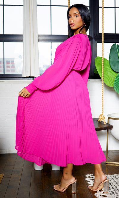 First Lady | Long Sleeve Pleated Dress - Pink - Cutely Covered