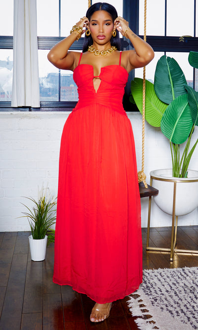 Cutout Back Spaghetti Strap Maxi Dress - Red - Cutely Covered