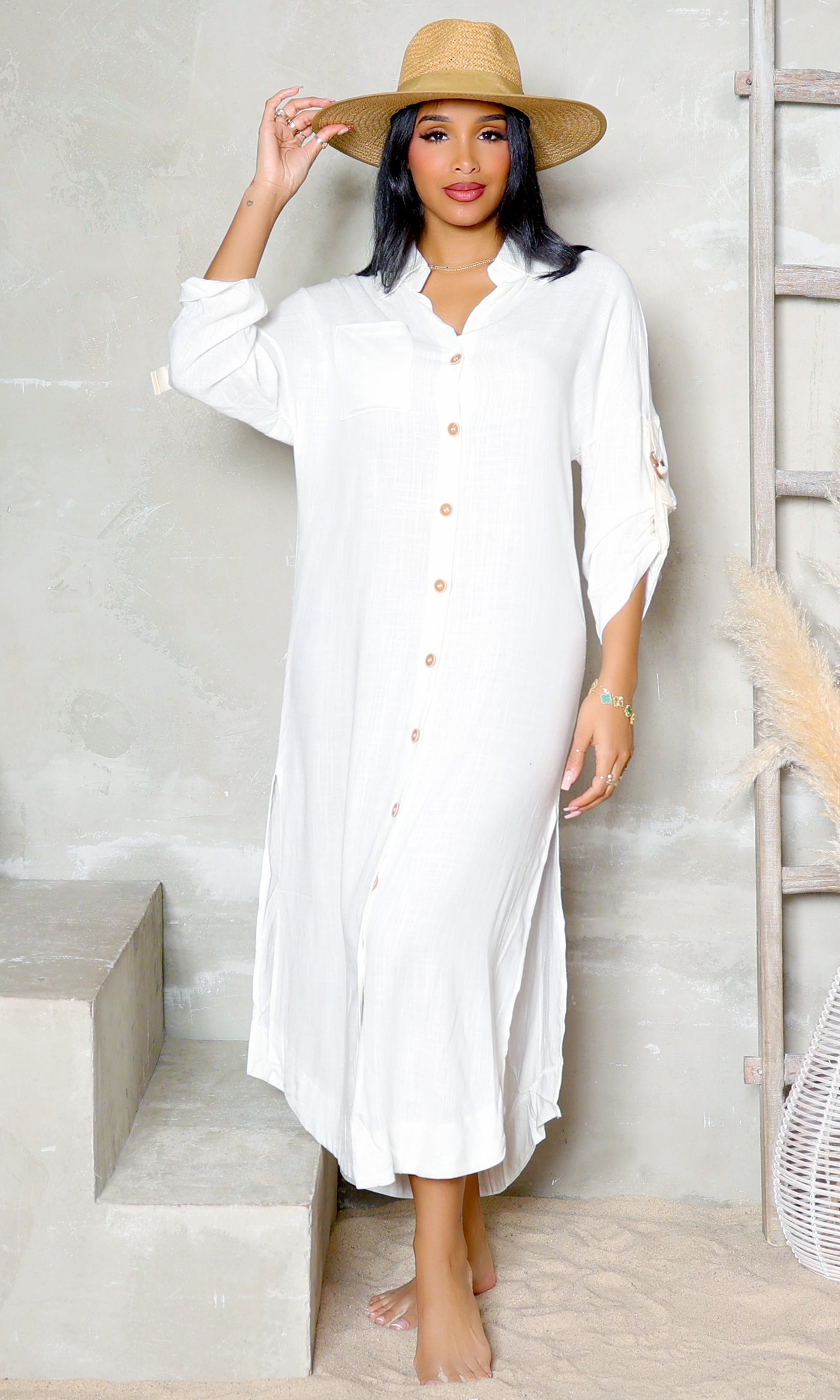 Whispering Breeze  Shirt Dress - White - Cutely Covered