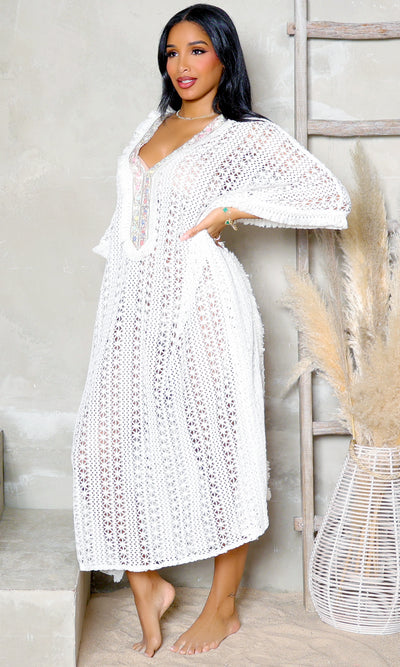 Vintage Lace | Crochet Tassel Kaftan Cover-up Dress - White - Cutely Covered