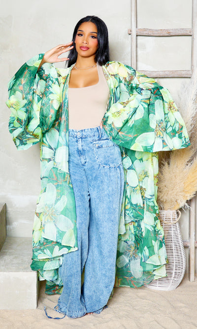 Chiffon Bloom | Balloon Sleeve Kimono - Green Floral - Cutely Covered