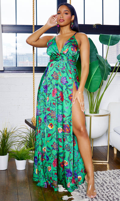 V-Neck Floral Maxi Dress - Green - Cutely Covered