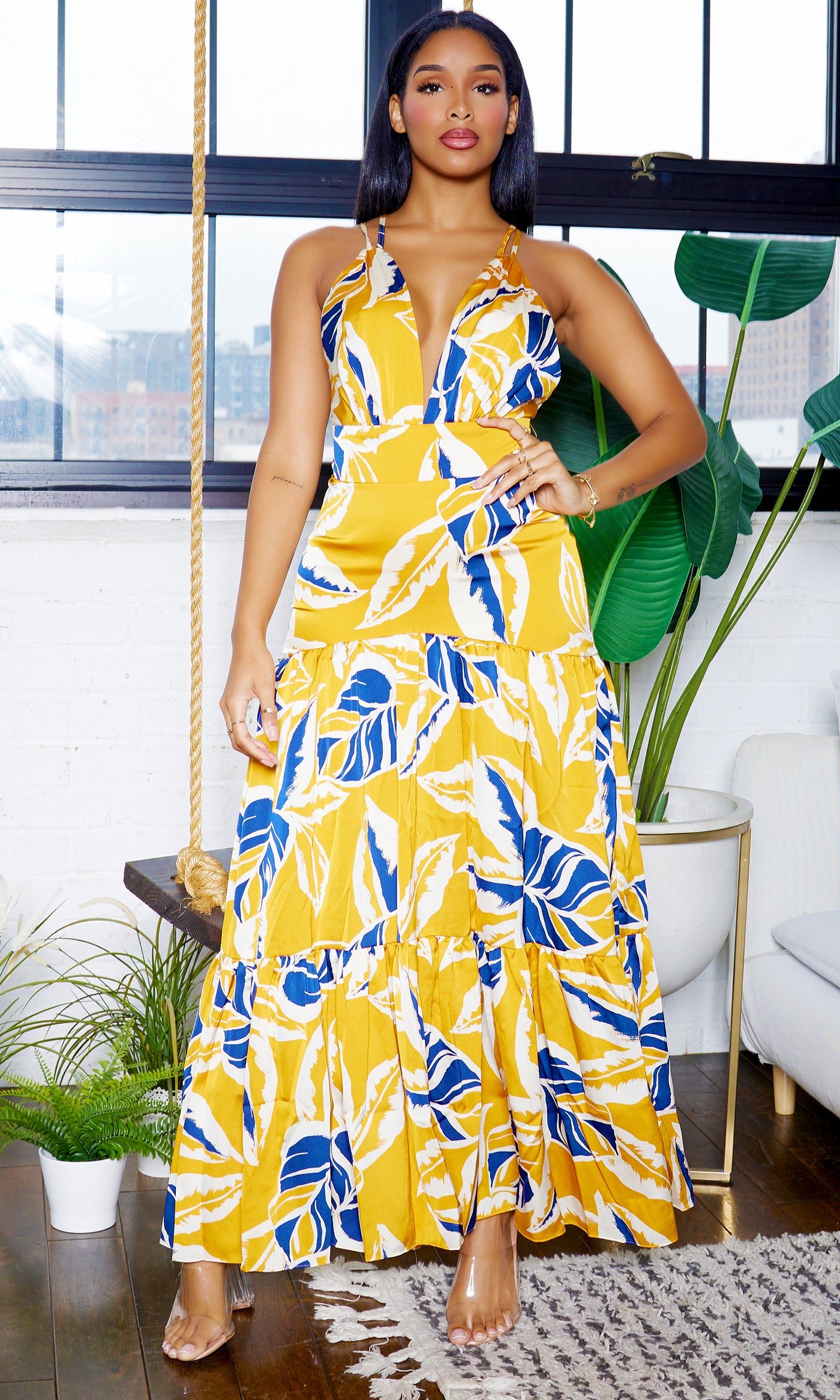 Blue Leaf Maxi Dress -  Mustard - Cutely Covered