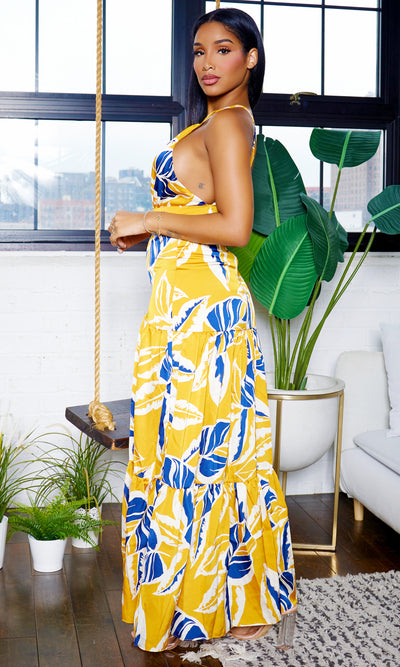 Blue Leaf Maxi Dress -  Mustard - Cutely Covered