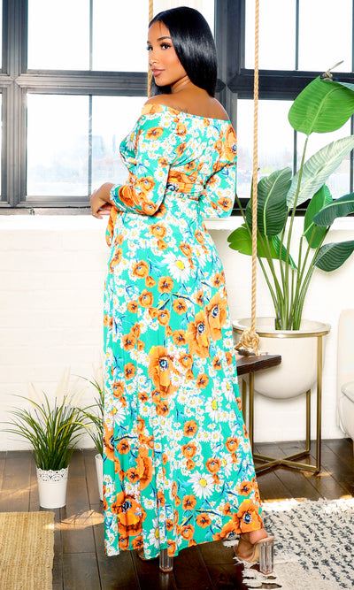 Blessed and Beautiful l  Stretch Maxi Dress - Green Floral - Cutely Covered