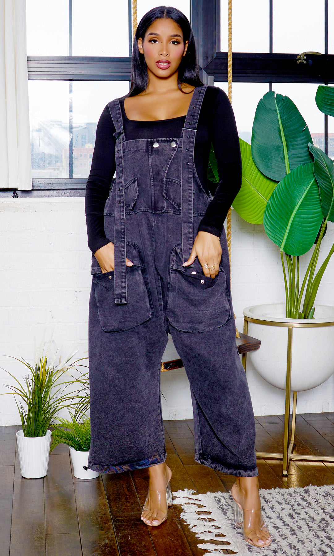 Balloon Denim Overall Jumpsuit - Black | Cutely Covered