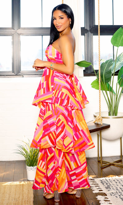 Under The Sun |  Layered Printed Tube Maxi Dress - Red Fuchsia - Cutely Covered