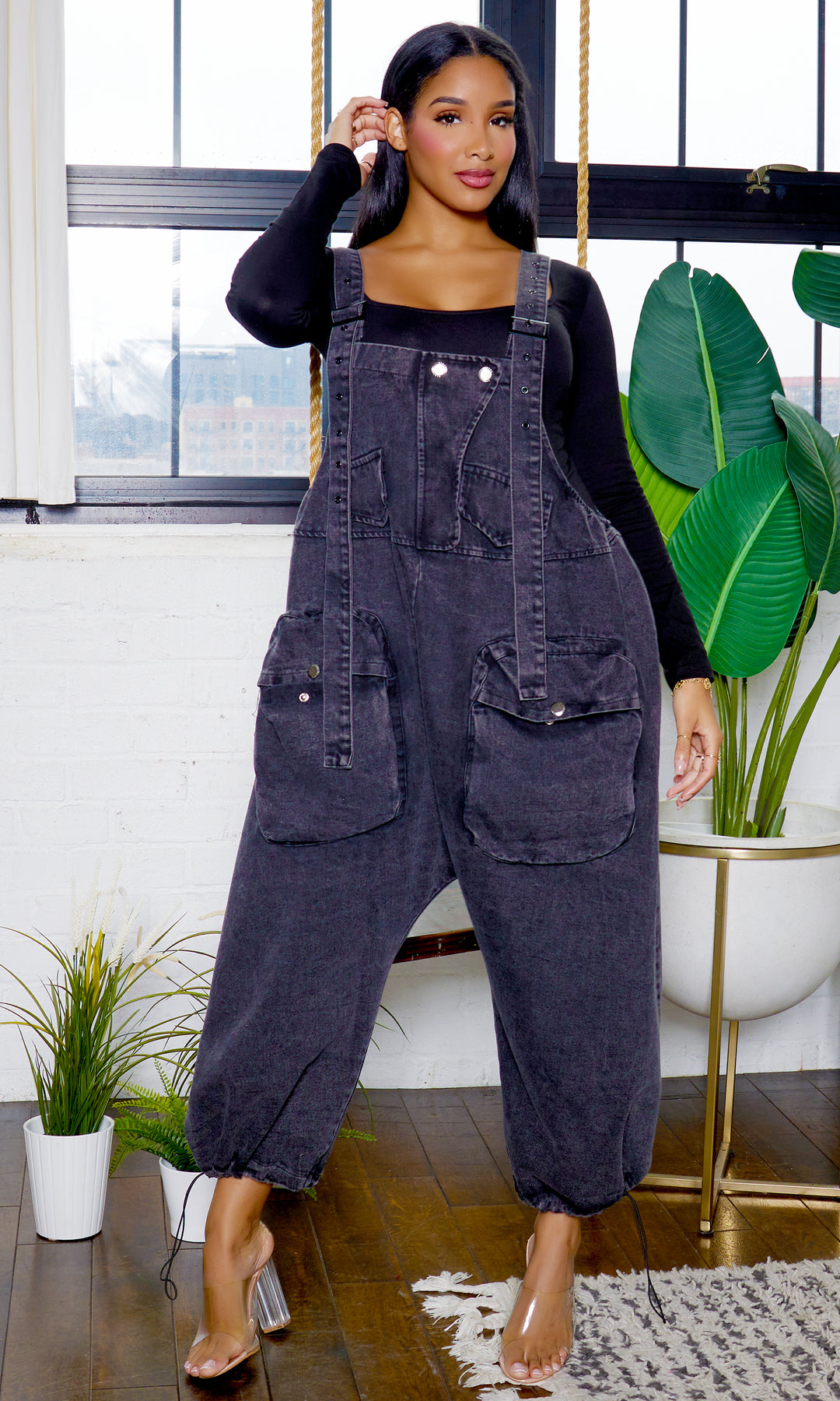 Balloon Denim Overall Jumpsuit - Black | Cutely Covered