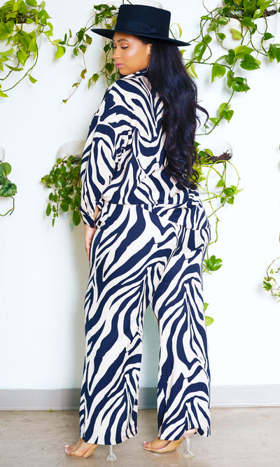 Cozy Wild | Zebra Print Collared Button Down Pants Set - Cutely Covered
