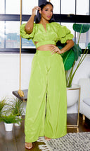 Puff Sleeve Top Wide Leg Pants Set - Lime - Cutely Covered