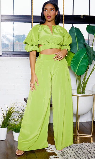 Puff Sleeve Top Wide Leg Pants Set - Lime - Cutely Covered