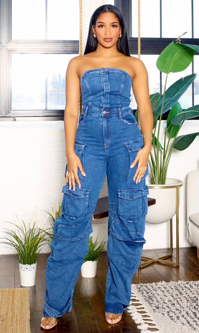 Denim Daze| Tube Denim Utility Jumpsuit - Medium Wash - Cutely Covered