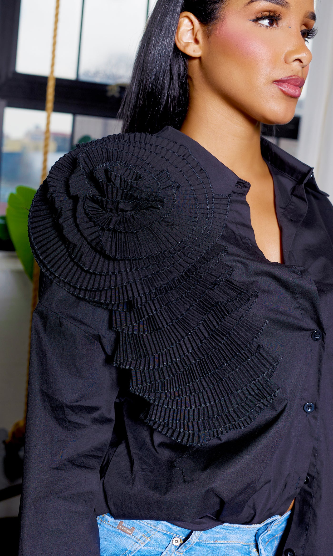 Long Sleeve Pleated Flower - Black - Cutely Covered