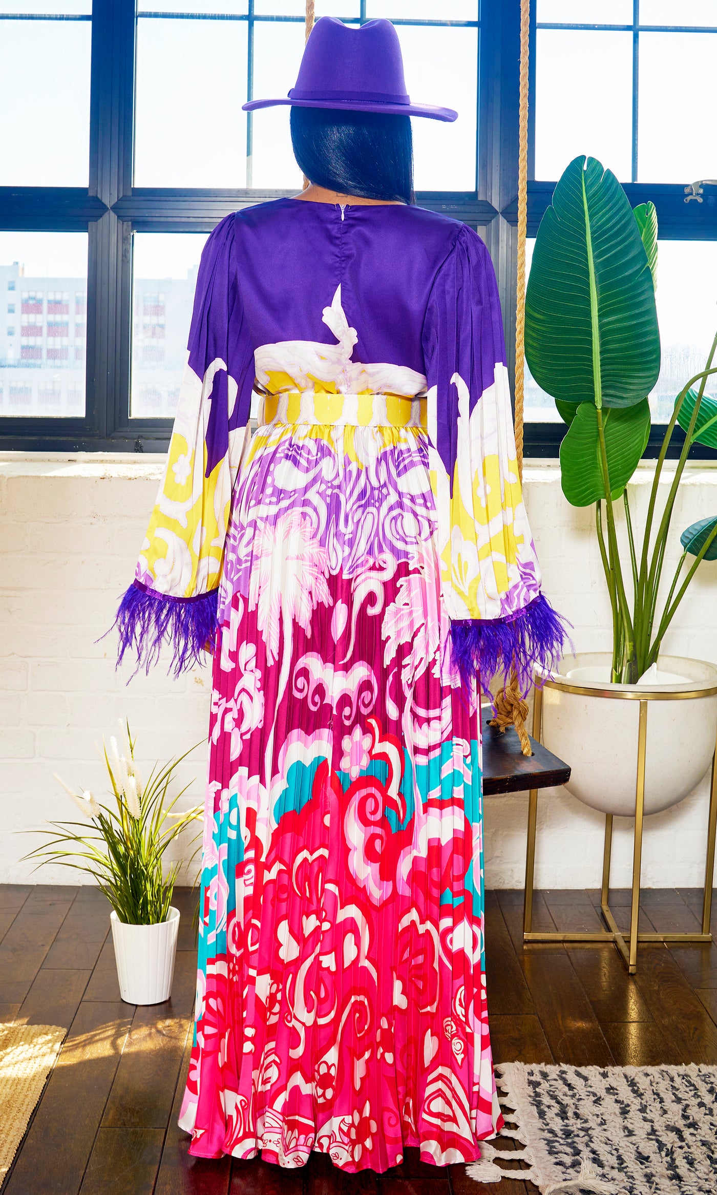 Loving Life | Feather Printed Dress - Purple - Cutely Covered