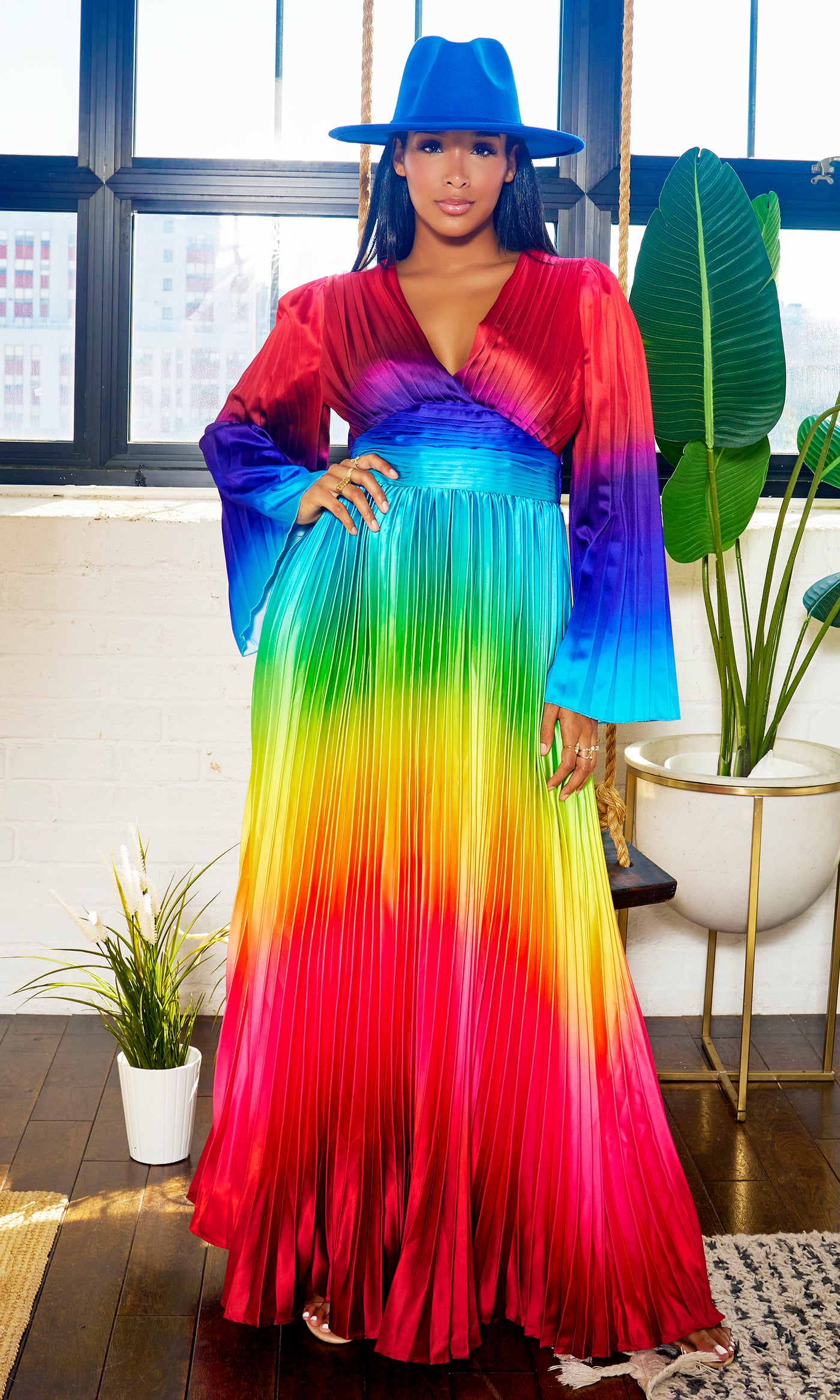 Living In Color | Pleated Dress - Rainbow Ombre - Cutely Covered