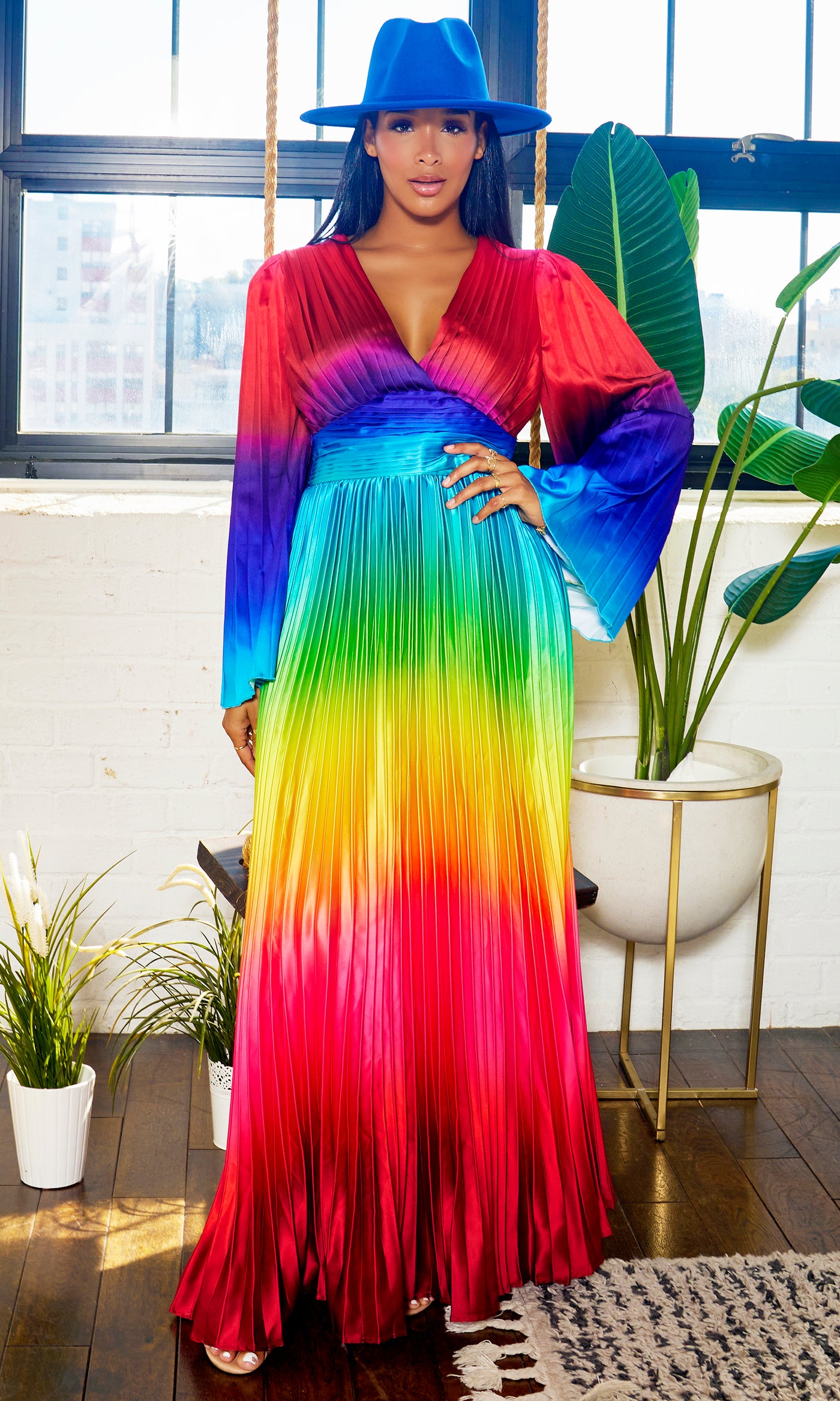 Living In Color | Pleated Dress - Rainbow Ombre - Cutely Covered
