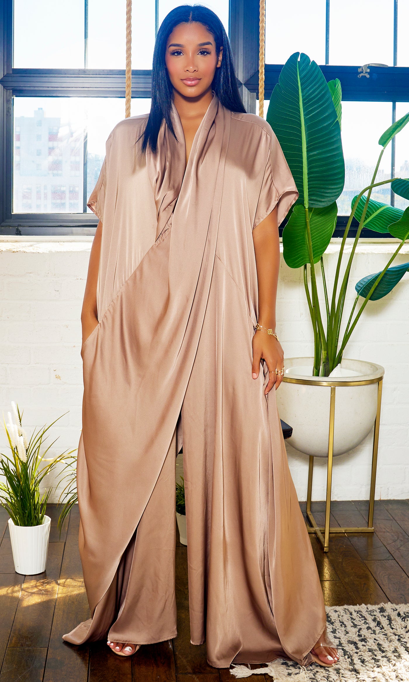 Luxe Drape Loose Fit Jumpsuit - Bronze PREORDER Ships End October - Cutely Covered